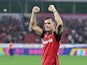 Granit Xhaka of Bayer Leverkusen celebrates in the Super Cup final against Stuttgart on August 17, 2024 [on August 21, 2024]