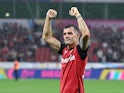 Granit Xhaka of Bayer Leverkusen celebrates in the Super Cup final against Stuttgart on August 17, 2024 [on August 21, 2024]