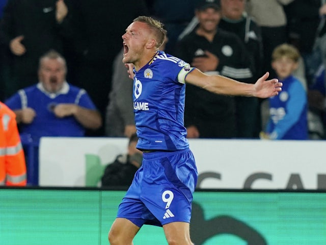 Jamie Vardy celebrates scoring for Leicester City on August 19, 2024