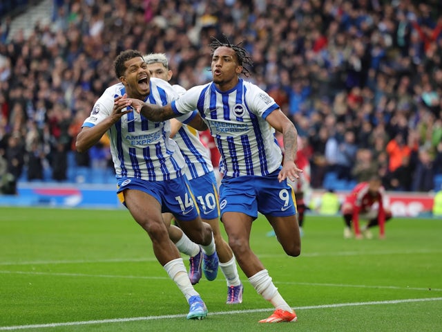 Joao Pedro of Brighton & Hove Albion celebrates his goal against Manchester United on August 24, 2024