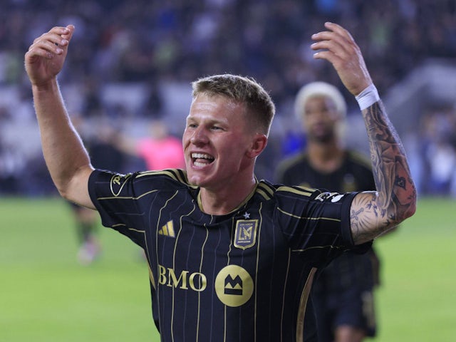 Los Angeles FC's Mateusz Bogus celebrates scoring on June 29, 2024