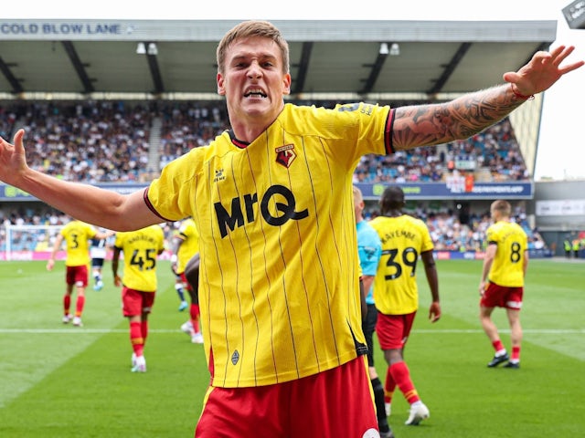 Watford's Mileta Rajovic celebrates scoring their side's third goal of the game during the Sky Bet Championship match at The Den, London, on August 10, 2024 [on August 25, 2024]