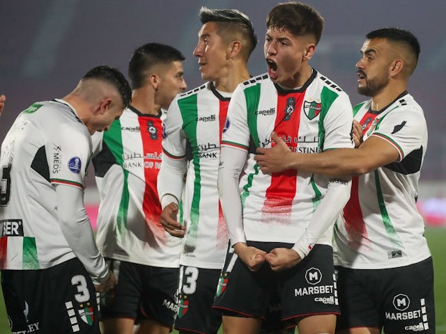 Ivan Roman of Palestino celebrates against Independiente Medellin on August 14, 2024