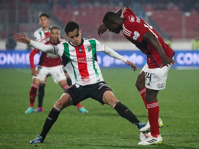 Pablo Palacio of Palestino in action against Independiente Medellin on August 14, 2024