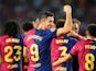 Barcelona's Robert Lewandowski celebrates after scoring on August 24, 2024