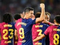 Barcelona's Robert Lewandowski celebrates after scoring on August 24, 2024