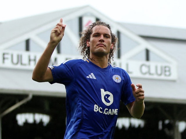 Wout Faes celebrates scoring for Leicester City on August 24, 2024