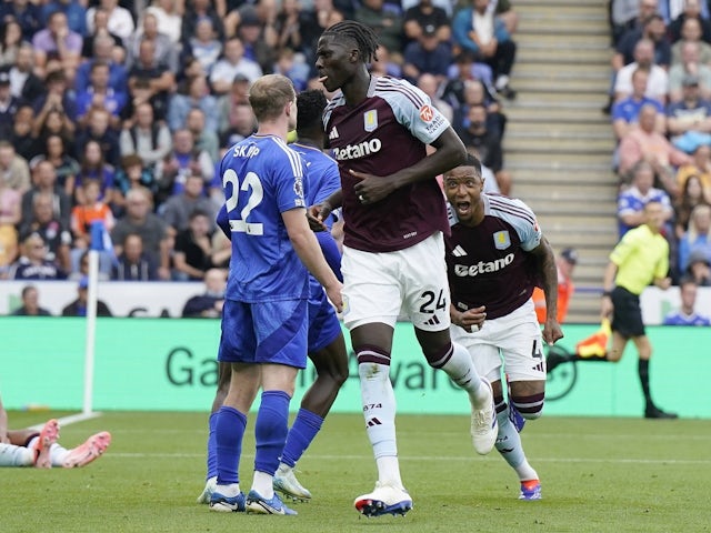 Amadou Onana of Aston Villa celebrates versus Leicester City on August 31