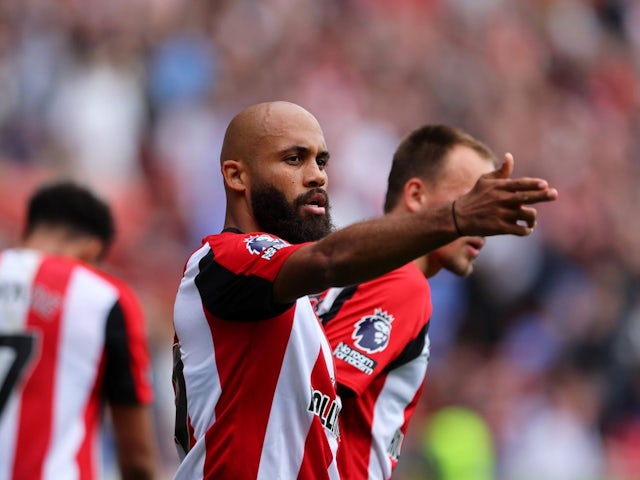 Bryan Mbeumo of Brentford celebrates like Yusuf Dikec the Turkey silver medallist in the 2024 Olympic Games after scoring his sides 1st goal in the 43rd minute to make it 1-0 against Southampton on August 31, 2024