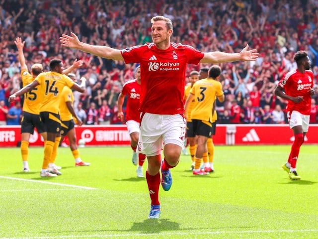 Chris Wood of Nottingham Forest celebrates his opening goal making it 1-0 during the Nottingham Forest FC v Wolverhampton Wanderers on August 31, 2024