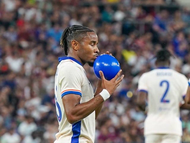 Chelsea's Christopher Nkunku celebrates scoring on August 29, 2024