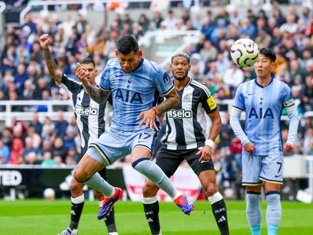 Cristian Romero's (17) goal is ruled out for offside during the Premier League match between Newcastle United and Tottenham Hotspur  on September 1, 2024