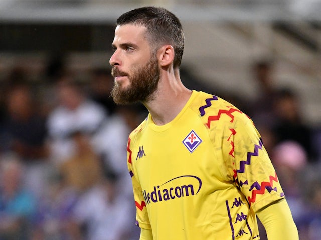 David de Gea in action for Fiorentina in the first leg of the Conference League play-off round against Puskas Academy on 22 August 2024