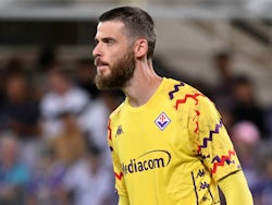 David De Gea in action for Fiorentina in the Conference League Playoff round against Puskas Academy on August 22, 2024