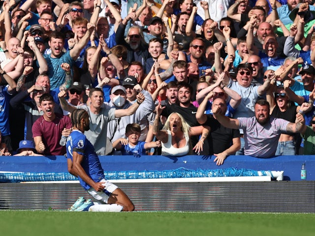 Everton forward Dominic Calvert-Lewin celebrates scoring against Bournemouth on August 31, 2024.