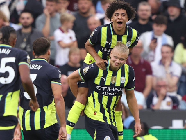 Man City's Erling Haaland celebrates scoring on August 31, 2024