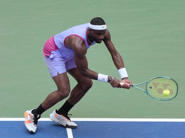 Frances Tiafoe in US Open action against Alexander Shevchenko on August 28, 2024