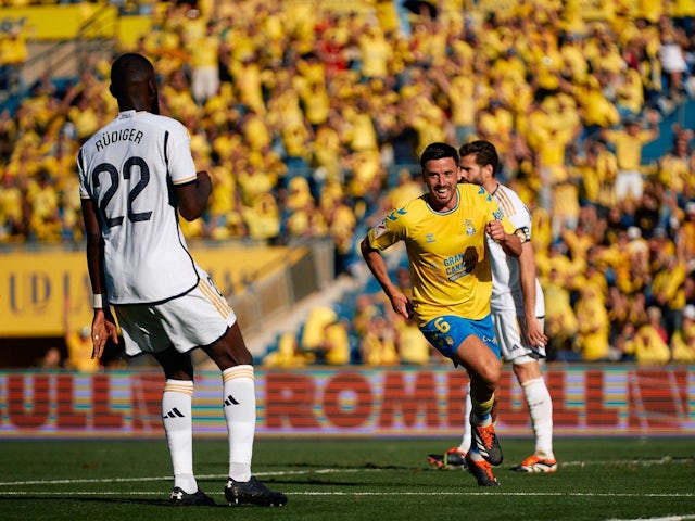 Las Palmas' Javi Munoz celebrates after scoring on January 27, 2024