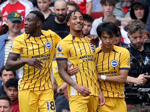 Brighton & Hove Albion's Joao Pedro celebrates scoring with Danny Welbeck and Kaoru Mitoma on August 31, 2024