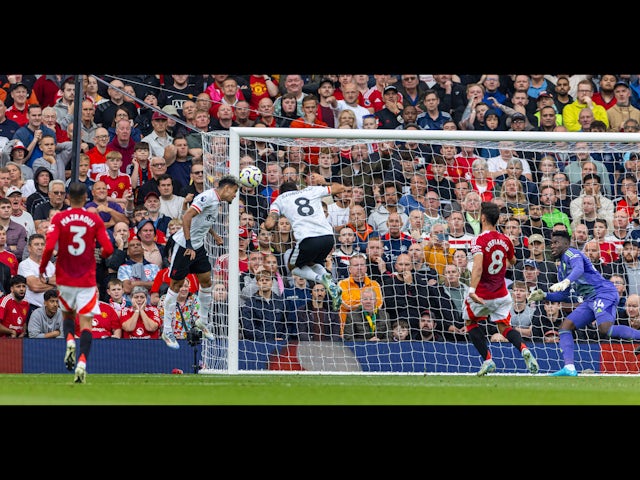 Luis Diaz scores the first goal during the FA Premier League match between Manchester United and Liverpool on August 28, 2024