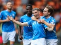 Louie Barry of Stockport County celebrates his goal to make it 0-1 during the Sky Bet League 1 match on August 17, 2024