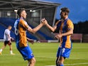 Jordan Shipley of Shrewsbury Town celebrates his goal on August 20, 2024