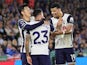 Pedro Porro of Tottenham Hotspur celebrates with teammates Son Heung-Min and Dominic Solanke on August 17, 2024