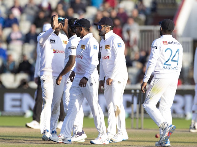 Day Four Sri Lanka celebrate a wicket during the 1st Rothesay Test match between England and Sri Lanka at Emirates Old Trafford in Manchester on August 27, 2024