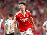 Benfica's Tomas Araujo celebrates after scoring on April 14, 2024