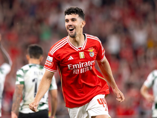 Benfica's Tomas Araujo celebrates after scoring on April 14, 2024