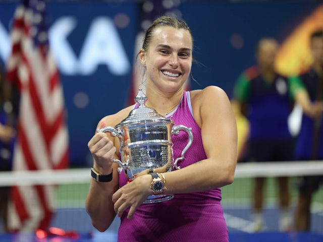 Aryna Sabalenka poses with the trophy after winning the US Open on September 7, 2024