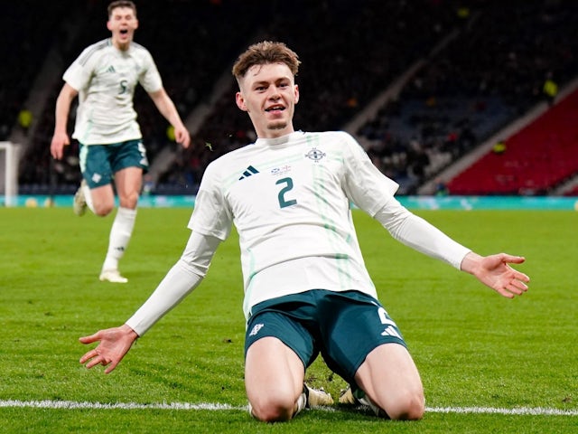 Northern Ireland's Conor Bradley celebrates scoring their first goal on March 26, 2024