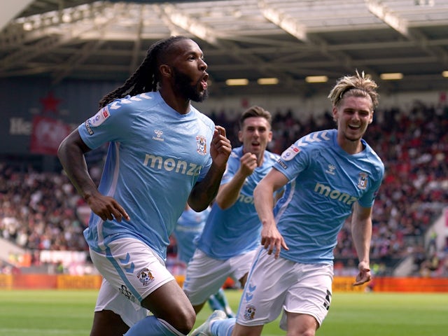 Kasey Palmer celebrates scoring for Coventry City on August 24, 2024