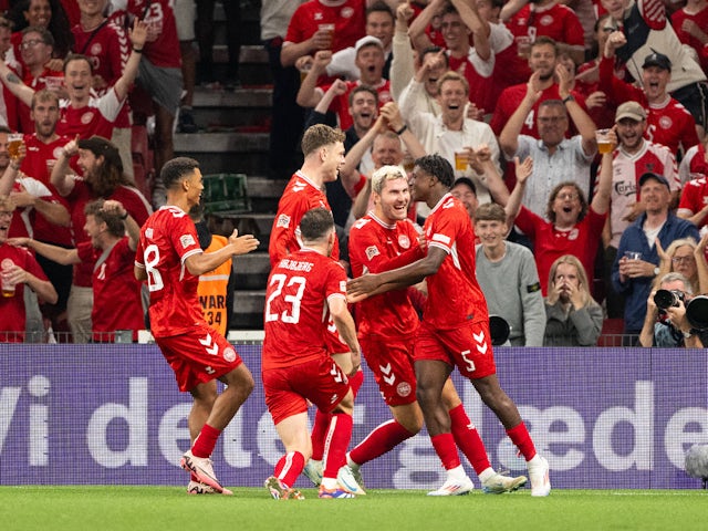 Denmark celebrate Patrick Dorgu's goal on September 5, 2024