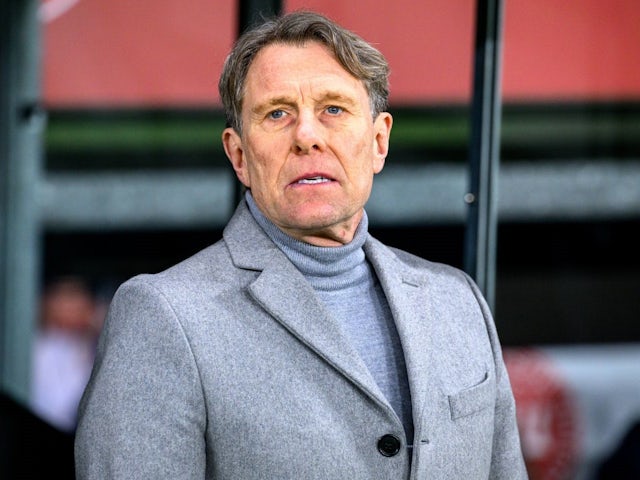 Hakan Ericson, manager of Faroe Islands, looks on while his side play a friendly against Denmark at Brondby Stadium on March 26, 2024