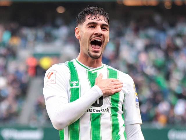 Johnny Cardoso celebrates his goal for Real Betis on February 25, 2024