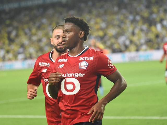 Jonathan David of Lille FC celebrates after scoring a goal on August 13, 2024.