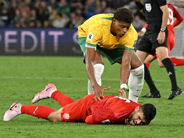 Kusini Yengi of Australia reacts after fouling Sayed Mahdi Baqer Jaafar Mahdi Naser of Bahrain before being sent off during his side's match against Bahrain on September 5, 2024