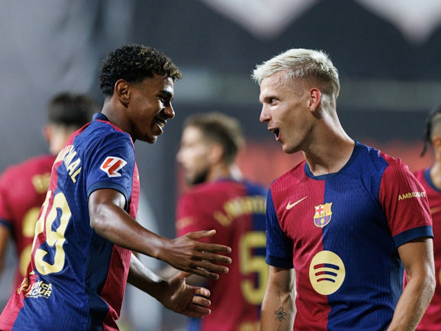 Lamine Yamal, Dani Olmo seen celebrating after scoring goal on August 27, 2024