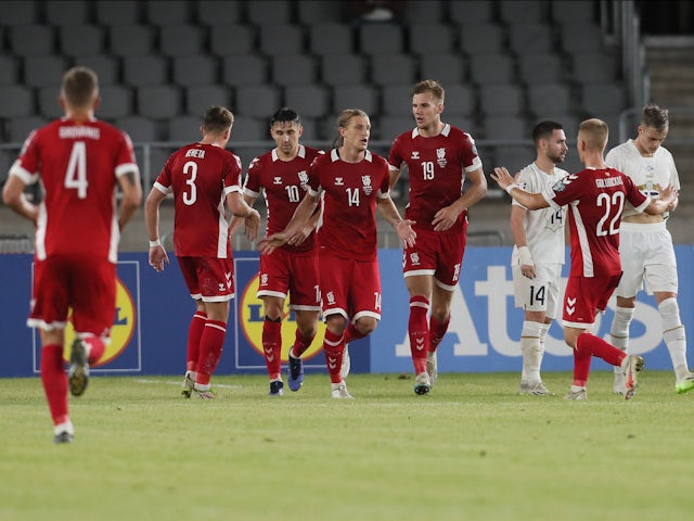 Lithuania's Gytis Paulauskas celebrates with teammates on September 10, 2023