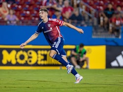 Logan Farrington celebrate a goal for Dallas in MLS action on July 13, 2024