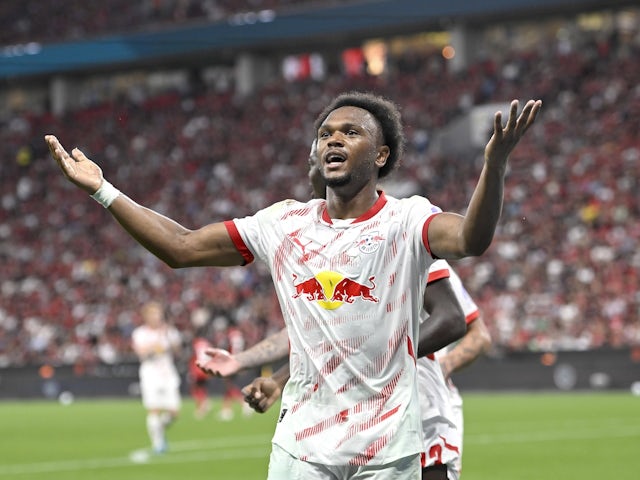 RB Leipzig forward Lois Openda celebrates on August 31, 2024