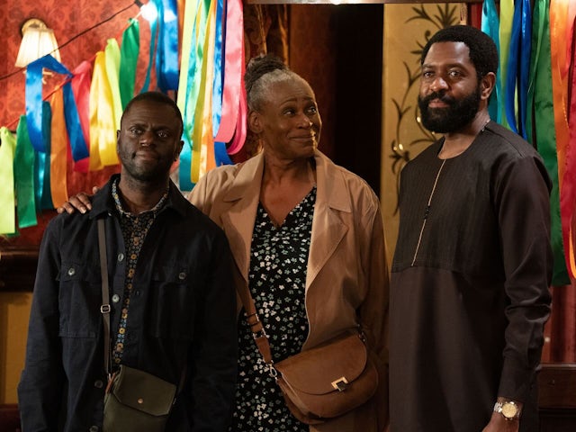 Kojo, Angela and Kobina on EastEnders on August 27, 2024