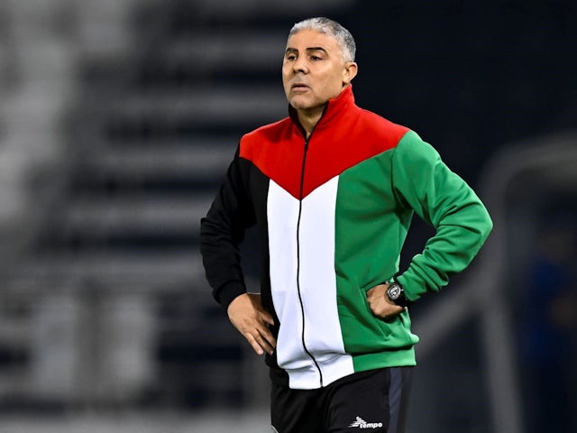 Palestine head coach, Makram Daboub, is reacting during the qualification 2nd round for the FIFA World Cup 2026 and AFC Asian Cup 2027 group I match between Lebanon and Palestine at Jassim Bin Hamad Stadium in Qatar, on June 6, 2024