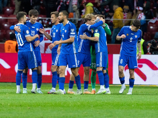 Moldova celebrate Ion Nicolaescu's goal on October 15, 2023