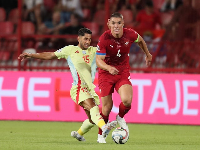 Serbia's Nikola Milenkovic in action against Spain on September 5, 2024