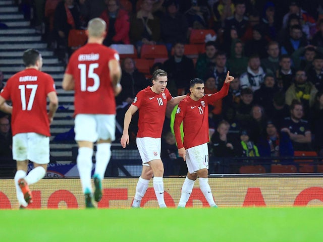 Mohamed Elyounoussi celebrates scoring for Norway in November 2023