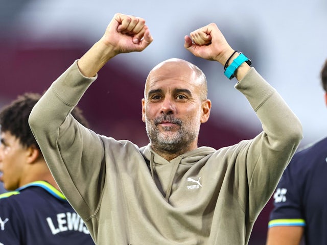 Manchester City manager Pep Guardiola celebrates after the match on August 31, 2024