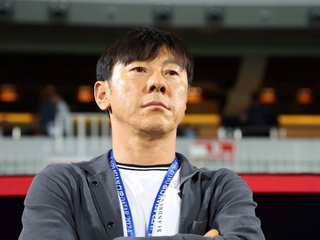 Indonesian coach Shin Tae Yong reacts during his team's AFC game against Iraq on May 2, 2024