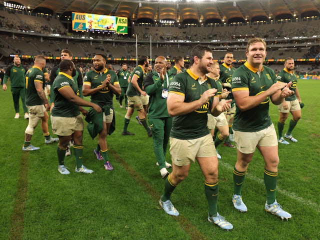 Springboks players celebrate after winning The Rugby Championship match on August 31, 2024